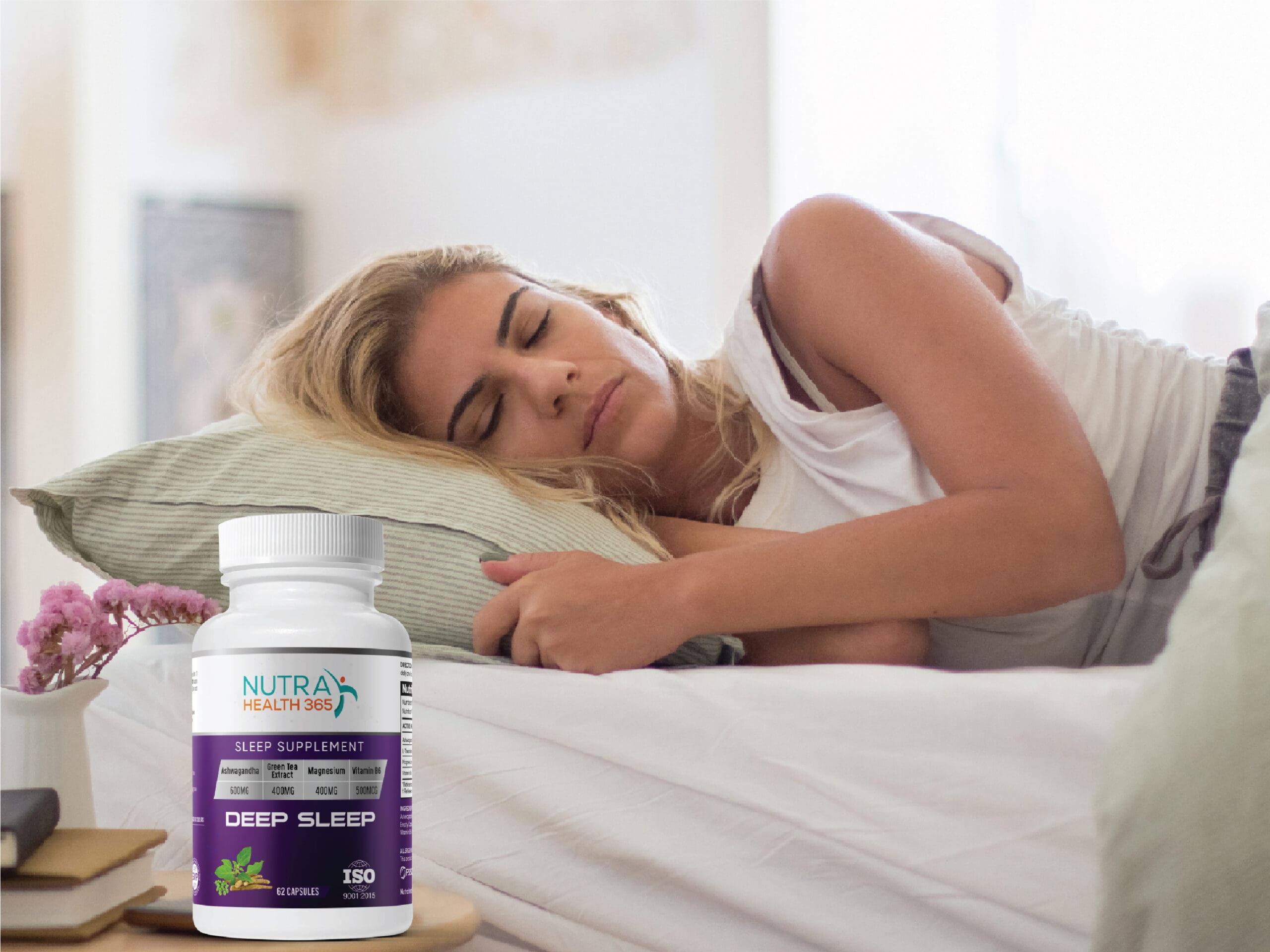 An image of a woman sleeping incorporating a bottle of Deep Sleep supplement